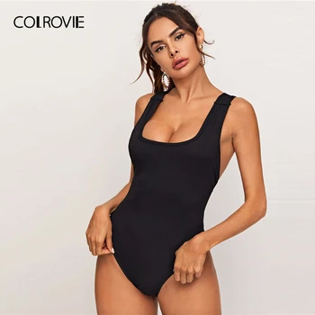 COLROVIE Black Saistīts Crisscross Atklātu Atpakaļ Ribu adīt Bodysuit Sieviešu 2020. Gada Vasaras Kvadrātveida Kakla Vidum Vidukļa Izdilis Sexy Tvertne Bodysuits