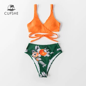 CUPSHE Apelsīnu Ziedu Wrap Mežģīnes Up Bikini Komplekti, Sieviešu Sexy Augsta Vidukļa Peldkostīmu Divi Gabali Peldkostīmi Ir 2021. Meitenes Pludmales Peldvietu Uzvalki