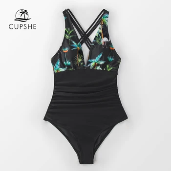 CUPSHE Black Print V-veida kakla viengabala Peldkostīms Sexy Atpakaļ Crisscross Sieviešu Monokini Ir 2021. Jauna Meitene Pludmalē Peldēšanās Kostīmi Peldkostīmi