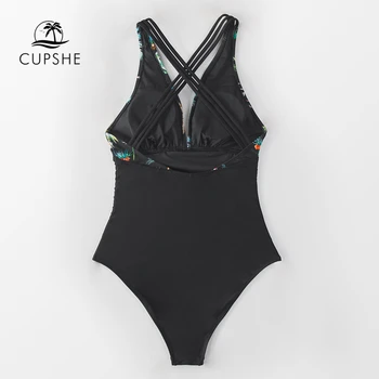CUPSHE Black Print V-veida kakla viengabala Peldkostīms Sexy Atpakaļ Crisscross Sieviešu Monokini Ir 2021. Jauna Meitene Pludmalē Peldēšanās Kostīmi Peldkostīmi