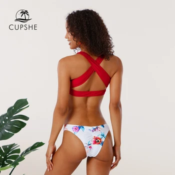 CUPSHE Red Mezgloti Ziedu Zemu Vidukli, Bikini Komplekti Sexy Peldkostīms Tvertne Zems Viduklis Divi Gabali Peldkostīmi Sievietēm Ir 2021. Pludmales Peldvietu Uzvalki