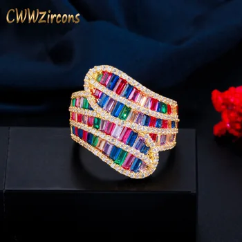 CWWZircons Luksusa Modes Krāsains Varavīksnes Kubiskā Cirkonija Liels Regulējams Gredzeni Sievietēm, Dubaija Zelta Krāsā Puse Jewlery R187