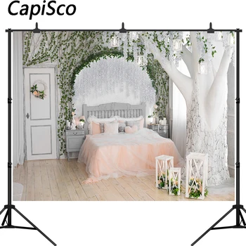 Capisco Kāzu fona fotogrāfija ziedu buduārs gultas, koka istaba fons photobooth photocall banner izdrukāt