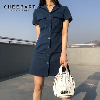 Cheerart Zila Vasaras Krekls, Kleita 2019 Bodycon Žakete Pogu Kleita Sievietēm Biroja Dāma Kabatas Mini Kleita Korejiešu Stilā