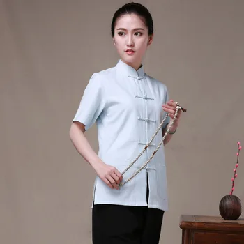 Cietā Gaiši Zilas Kokvilnas Ķīniešu Tradicionālā Sieviešu Kung Fu Blūzes Tang Uzvalks, Krekli, Topi Camisa blusa topi Plus Izmērs 3XL