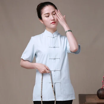 Cietā Gaiši Zilas Kokvilnas Ķīniešu Tradicionālā Sieviešu Kung Fu Blūzes Tang Uzvalks, Krekli, Topi Camisa blusa topi Plus Izmērs 3XL