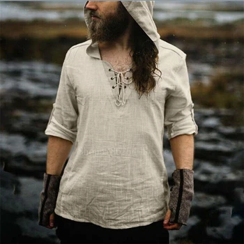 Cilvēks Retro Viduslaiku Pirātu Viking Cosplay Krekls Vintage Gadījuma Vīrietis Kapuci Bruņinieks Veļa Renesanses Ziemeļvalstu Tunika Pārsējs T-krekls