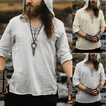 Cilvēks Retro Viduslaiku Pirātu Viking Cosplay Krekls Vintage Gadījuma Vīrietis Kapuci Bruņinieks Veļa Renesanses Ziemeļvalstu Tunika Pārsējs T-krekls