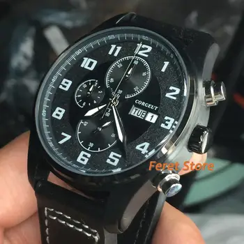 Corgeut jaunu 41mm top Bizness chronograph watch vara pārklājumu gadījumā Gaismas rokās dienas nedēļā ādas siksna vīriešu kvarca skatīties