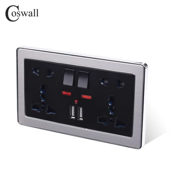 Coswall Dubultā Universal 5 Caurumu Ķēžu Sienas Kontaktligzda Ar Neona 2.1 Dual USB Lādētāja Ports Nerūsējošā Tērauda Rāmis Melns Kontaktligzdas