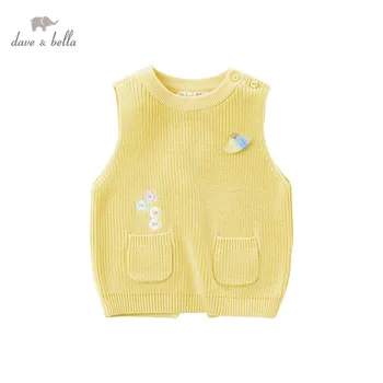 DBJ16826-1 dave bella pavasarī baby meitenes cute bow ziedu izšuvumu kabatas adīts mētelis bērnu modes bez piedurknēm, vestes