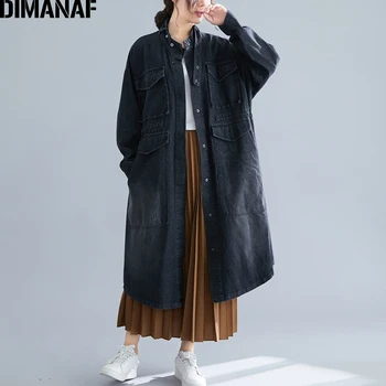 DIMANAF Plus Lieluma Sieviešu Žaketes Virsdrēbes Modes Dāma Demin Mēteļi Rudens Ziemas 2019 garām Piedurknēm Zaudēt Jaka Sieviešu Apģērbs