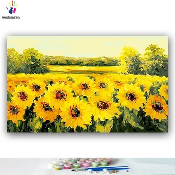 DIY krāsvielas bildes ar numuriem ar krāsas Saulespuķu ziedu lauka attēlu, zīmējumu, gleznu, ko numuri, karkasa Mājas