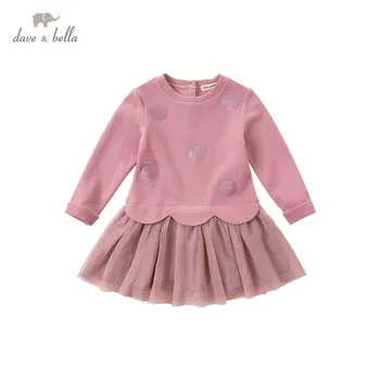 DKH14238 dave bella rudens meitene modes punkti burtu drukas raibs mesh dress bērniem salds kleitu bērniem, zīdaiņu lolita drēbes