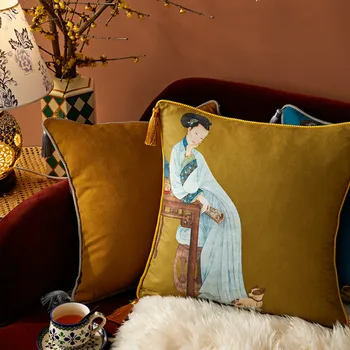 DUNXDECO Spilvena Vāka Dekoratīvs Spilvens Gadījumā Vintage Vienkāršu Ķīniešu Eleganta Dāma, Luksusa Mākslas Coussin Dīvāns Krēslu Dekorēšanai