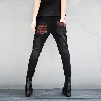 DVĒSELE TIGER Modes korejiešu Stilā Ziemas Kažokādas Silto Slim Bikses, Dāmām Izšūšanas Punk Džinsa Bikses Sieviešu Vintage Pleds Džinsi