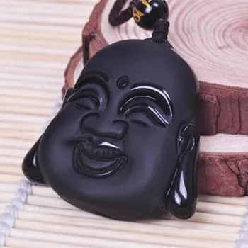 Dabas Obsidian Maitreja Buda vadītājs kulons akmens Budas Kulons matēta sejas smaida, vairumtirdzniecība