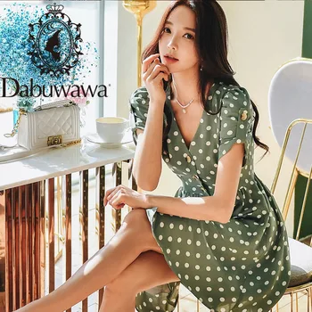 Dabuwawa Vintage Dot Print Single Krūtīm Kleitu Elegants Sieviešu V Kakla Puff Piedurknēm Kabatas Priekšā Puse Kleitas, Sieviešu DT1BDR007