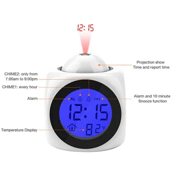 Daudzfunkcionālais LCD Balss Runā LED Digitālo Projekciju Modinātājs Laiks Temperatūras Projektora USB angļu Laiku Projekcijas Pulksteņi