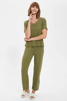 DeFacto Rudens Sieviete Homewear V Kakla Atpūsties Fit Pidžamas Mežģīņu Komplekts Pidžamas Sleepwear Mājās-uzvalks Ērti-S1389AZ20AU