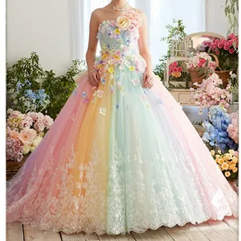 Diezgan Krāsains Varavīksnes Tutu Balles Kleitas, 3D Ziedu Mežģīnes Elsojošs balles Kleitas Vestido Formatura Abiye Ruffles Vakara Tērpi