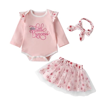 Diezgan princese dzimšanas dienu apģērbs jaundzimušajiem set 3pcs lidot piedurknēm vēstuli bodysuits svārki ziedu galvassegu zīdaiņu mazulim 0-24M