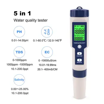 Digitālo Ūdens Testeri 5 In 1 PH/TDS/EK/Sāļuma un Temperatūras Testeri Pildspalvu, Ūdensizturīgu Multi-Function Mērītāju Akvārijs baseins