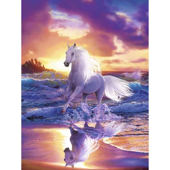 Dimanta izšuvumi 5D DIY dimanta krāsošana sunset beach, balts zirgs ar dimanta glezna krustdūrienā rhinestone mozaīkas krāsošana