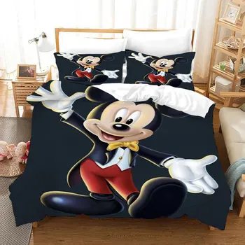 Disney Mickey Mouse Gultas Piederumi Set Queen Size Segu Pārvalki Bērniem Vienotā 3 Gab Bērniem, Dzimšanas Diena Dāvanas, Mājas Tekstila Karikatūra Pelēka