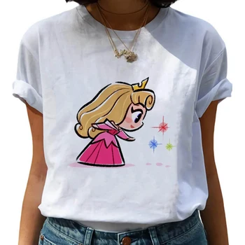 Disney Q Aurora Sērijas Sieviešu T-krekls ar Multfilmas, Mūsdienu Īsām Piedurknēm Cute Princese Sleeping Beauty Iespiests T Apģērbs Augšu