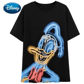 Disney T-Krekls Modes NEONA Grafiti Donald Duck Karikatūra Izdrukāt Sieviešu T-Krekls ar O-veida Kakla Īsām Piedurknēm Kokvilnas t-veida Topi, Sieviešu Melns
