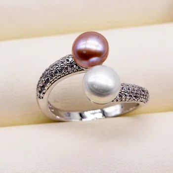 Divkārša pērļu gredzens. Kārtas saldūdens pērles. 925 sudraba. Regulējams. Zircon sieviešu pērle gredzenu. saderināšanās gredzenu