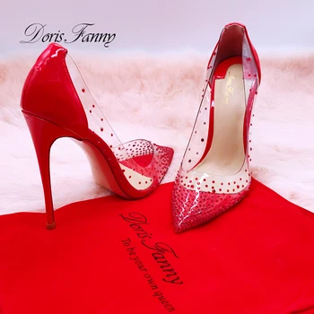 Doris Fanny pārredzamu rhinestone augstpapēžu kurpes sieviešu kāzu kurpes Sarkanā Sūknis sexy pvc papēžiem Kurpes