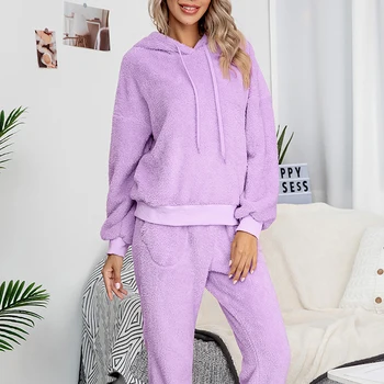 Double-Sided Vilnas Mājās Valkā Sieviete Gadījuma Silts Sleepwear Apģērbu Modes Divas Gabals, kas tīrtoņa Krāsu Kapuces Džemperis un Bikses