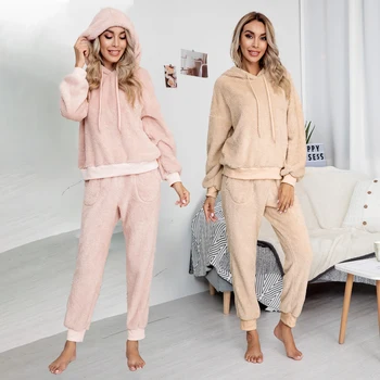 Double-Sided Vilnas Mājās Valkā Sieviete Gadījuma Silts Sleepwear Apģērbu Modes Divas Gabals, kas tīrtoņa Krāsu Kapuces Džemperis un Bikses