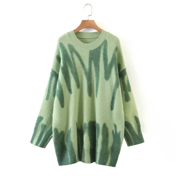 Drukāt Adīti Džemperi Sievietēm Zaļās Svītras Džemperi Korejas Lielgabarīta Pulovers Ziemas Streetwear Ilgi, Džemperi Vintage