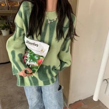 Drukāt Adīti Džemperi Sievietēm Zaļās Svītras Džemperi Korejas Lielgabarīta Pulovers Ziemas Streetwear Ilgi, Džemperi Vintage