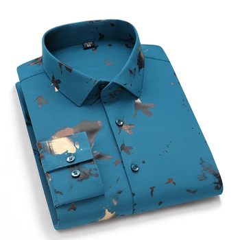 Drukāts Krekli Vīriešiem Gadījuma garām Piedurknēm Spandex Stiept Krekls Mens Atpūtas Modes Kvalitātes Anti Rieva Vīrieša Apģērbu 2020