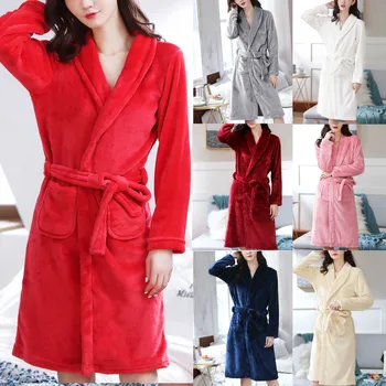 Drēbes sievietēm Sleepwear Modes Dāmas Flaneļa tīrtoņa Krāsu Apsēju Kabatas Siltas Pidžamas Naktskrekls Sexy un silts ziemā Peignoirs