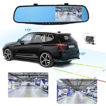 Dvr dash kamera dash cam auto atpakaļskata spogulī, nakts redzamības full HD 1080P auto apgrieztā Attēla priekšā aizmugurē dubultā objektīva dash cam Transportlīdzekļa