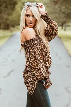 Dāmas Ikdienas Krekls Topi, Sieviešu Rudens Sexy Leopards Drukāt Garām Piedurknēm Pie Pleca Blūzes