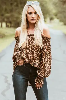 Dāmas Ikdienas Krekls Topi, Sieviešu Rudens Sexy Leopards Drukāt Garām Piedurknēm Pie Pleca Blūzes