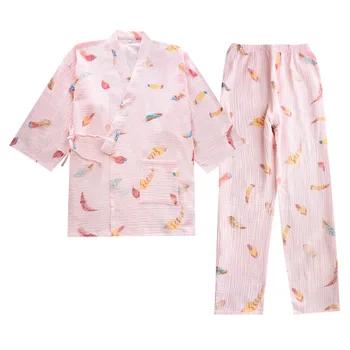 Dāmas Pavasara un Rudens Kokvilnas Krepa Kimono Pidžamu V-veida Kakla Drukāšanas Pidžamu Plus Lieluma Loungewear Sieviešu Pijama Mujer Miega Komplekts