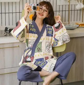 Dāmas kokvilnas pidžamas komplekts pavasarī, vasarā, rudenī dubultā slāņa kokvilnas marle vidū piedurknēm bikses kimono mājās pakalpojums atbilstu plānas