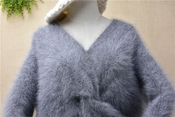 Dāmas sieviešu modes saistīts matains izplūdušas angoras trušu kažokādas v-veida kakla garām piedurknēm brīvs džemperis ūdeļu kašmira ziemas džemperis džemperis