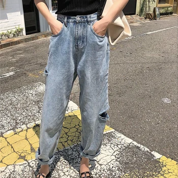 Džinsi Sievietēm Caurumu Zaudēt korejiešu Stilā Visu maču Vienkārši Slim Taisni Vīriešu Potītes garuma Šiks Kabatas 2020. Gadam, Moderns Ikdienas Bikses