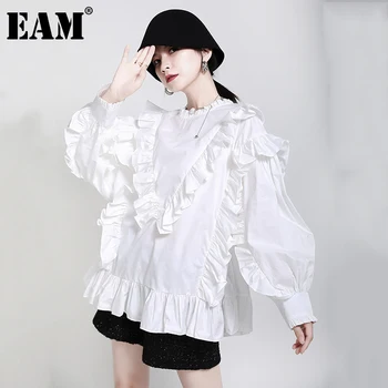 [EAM] Sievietes Baltā Ruffles Liela Izmēra Blūze Jauno Stand Apkakli, garām Piedurknēm Loose Fit Krekls Modes Jūra Pavasara Rudens ir 2021. 1DA984