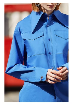 [EAM] Sieviešu Zilā Atpakaļ Ventilācijas Temperaments Blūze Jaunu Atloks ar garām Piedurknēm Loose Fit Krekls Modes Jūra Pavasara Rudens ir 2021. 1S068