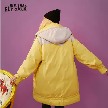ELFSACK Cietā Tīra Lielajam Kapuci 90% Balts uz Leju Mētelis Sievietēm,Ir 2021. Ziemas ELF Modes korejas Dāmas Siltas Dienas Safari Outwear