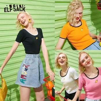 ELFSACK Multicolor Cietā Minimālisma Gadījuma T-Krekls Sievietēm Crop Topi 2020. Gada Vasaras ELF Tīra korejas Dāmas Pamata Ikdienas Slim Tee